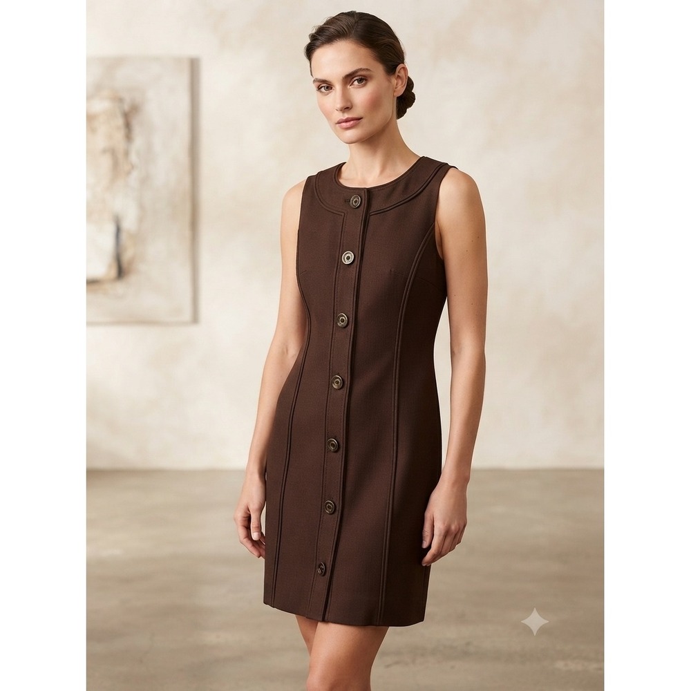 Tory Burch Brown Sleeveless Button‎ Front Shift Dress Wool Blend Size 4